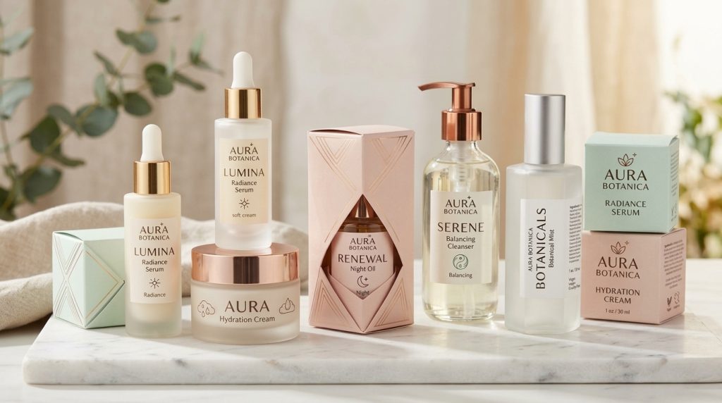 identitas merek, seperti logo, warna utama, ikon skincare
